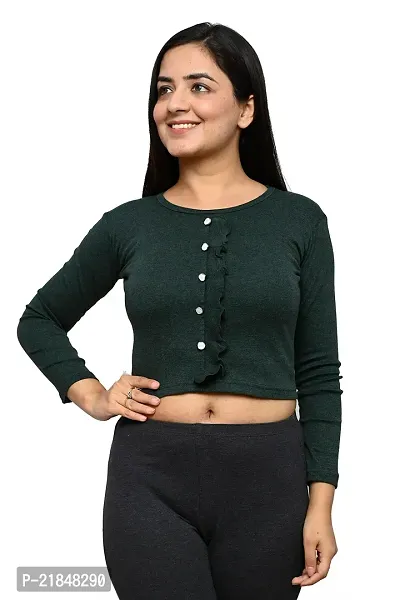 Women Crop top Full Seleeve Waved Design (Dark Green)-thumb4