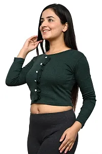 Women Crop top Full Seleeve Waved Design (Dark Green)-thumb2