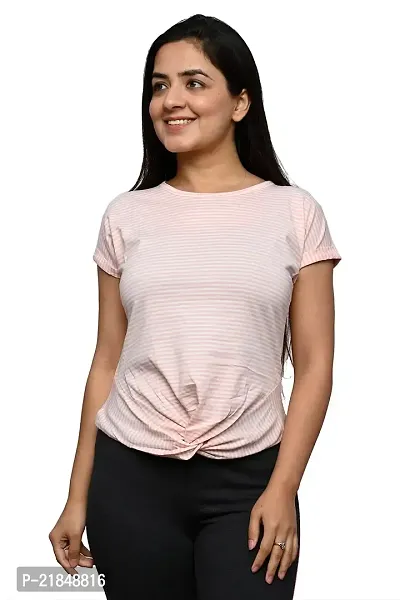 Women's Plain t Shirt Casual Strip Printed Round Neck (Baby Pink)