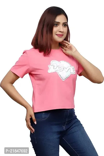 Women's Short top Casual Half Sleeve Round Neck (Pink)-thumb4