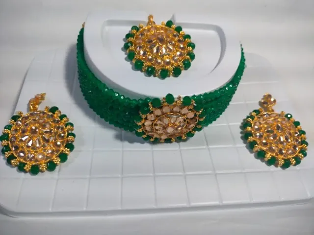 Gold Plated green Pearl Choker Necklace Set for Women