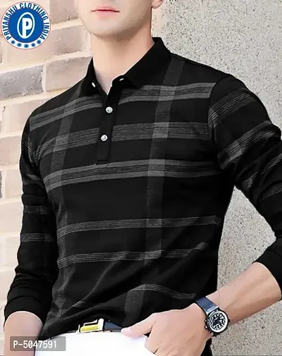 Elegant Black Cotton Polyester Self Pattern Polos For Men-thumb0