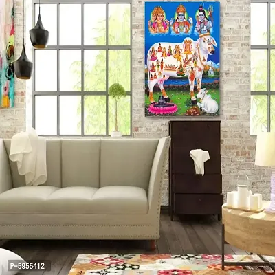 Kamdhenu Divine Cow and Hindu Gods Goddesses Unframed Poster Wall Sticker Living Room