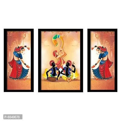 Voorkoms Pack of 3 Set Rajasthani Folk Music Dance Wall Frame Poster Painting Glass 12x8 Multi