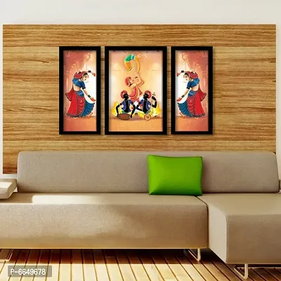 Voorkoms Pack of 3 Set Rajasthani Folk Music Dance Wall Frame Poster Painting Glass 12x8 Multi-thumb3