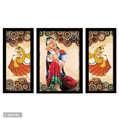 Voorkoms Pack of 3 Set Rajasthani Women Village Folk Dance Wall Frame Poster Painting Glass 12x8 Multi