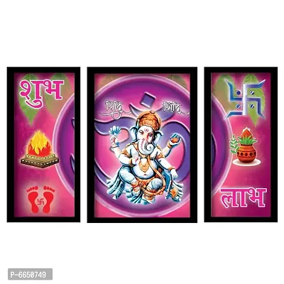 Voorkoms Pack of 3 Set Lord Ganesh Ji Shubh and Labh Frame Wall Poster Painting Home Deacute;cor Size 12x18 Multi