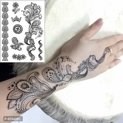 Voorkoms Black and White henna Mehndi Design Fake Lace tattoo stickers Metallic temporary flash tattoos instant  use Temporary tattoo sticker for girls womens-thumb0