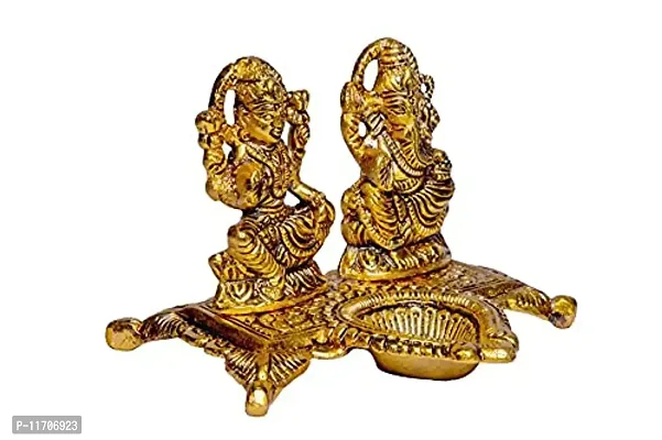 KAC Designs Ganesh-Lakshmi with Diya Metal Idol in Golden Color-thumb5