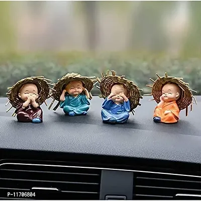 Shoppingdreams Set of 4 Handcrafted Miniature Decorative Buddha Monk Figurines Showpiece for Car Dashboard Hat Monk-thumb2