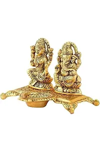 S G International Metal Laxmi Ganesh Idol Statue with Diya Design Decorative Showpiece 14 cm (Metal Gold Laxmi Ganesh Gold-thumb1