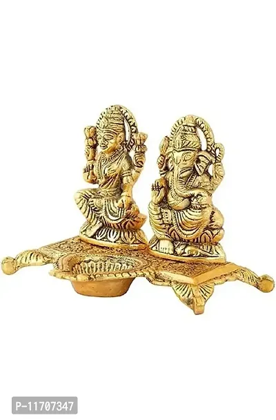 S G International Metal Laxmi Ganesh Idol Statue with Diya Design Decorative Showpiece 14 cm (Metal Gold Laxmi Ganesh Gold-thumb2