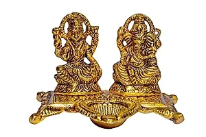 KAC Designs Ganesh-Lakshmi with Diya Metal Idol in Golden Color-thumb2