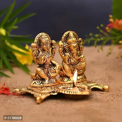 UCI Metal Laxmi Ganesh Idol Showpiece Oil Lamp Diya, 5.5 x 4.5x4 Inches, Golden-thumb2