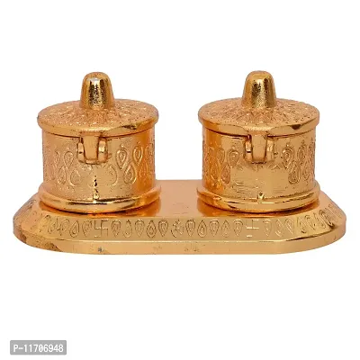 Beautiful Golden Roli-Chandan, Chawal-Akshat- Haldi - Kumkum Box chopda for Gift and Pooja Purpose Showpiece,Material-Aluminium (7*17*5) Weight-175 gm