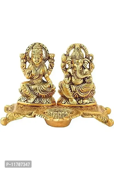 S G International Metal Laxmi Ganesh Idol Statue with Diya Design Decorative Showpiece 14 cm (Metal Gold Laxmi Ganesh Gold-thumb0