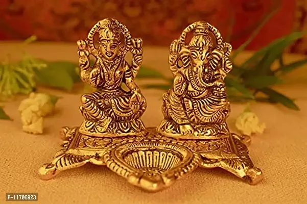 KAC Designs Ganesh-Lakshmi with Diya Metal Idol in Golden Color-thumb0