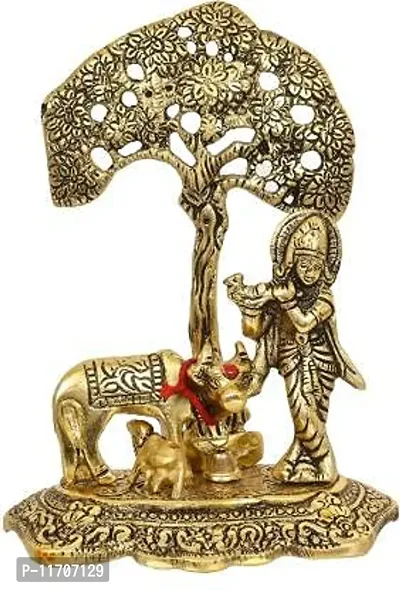 Lord Krishna Playing Flute Under Tree with Golden Cow and Calf Decorative Showpiece - 16.5 cm (Aluminium, Gold, Brown)-thumb0