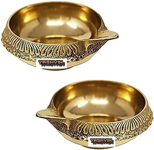 Veena Enterprizes Offer Set of 2 Pure Brass Diya for Puja Handmade Brass Kuber Diya/Pital Jyot Diva/Pooja Deepak/Table Diya on Tortoise - Unique Design, Home Decorative Oil Lamp for Puja, Diwali AVA782