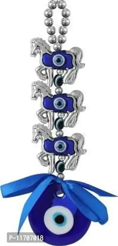 Woomenzara Hanging 3 Three Horse Evil Eye with Big Evil Eye for Car  Door/Office Hanging Good Luck and Prosperity (Color : Silver  Blue)