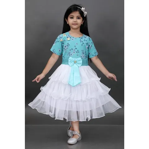 RUBAZ Girls Midi/Knee Length Festive/Wedding Dress (Light Blue, Half Sleeve)