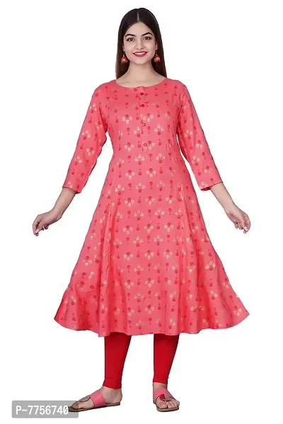 Bachuu Women Rayon Gold Printed Anarkali Kurti Size S, M, L, XL, XXL, 3XL | Color Red, Peach