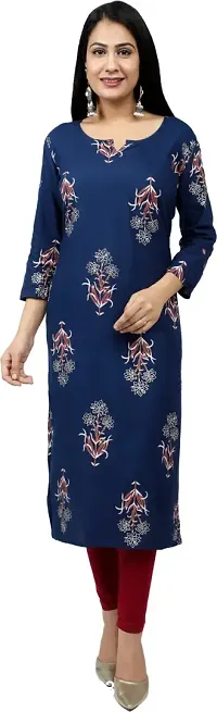 Women's Printed Straight Blue Rayon Kurtas (Pack of 1)