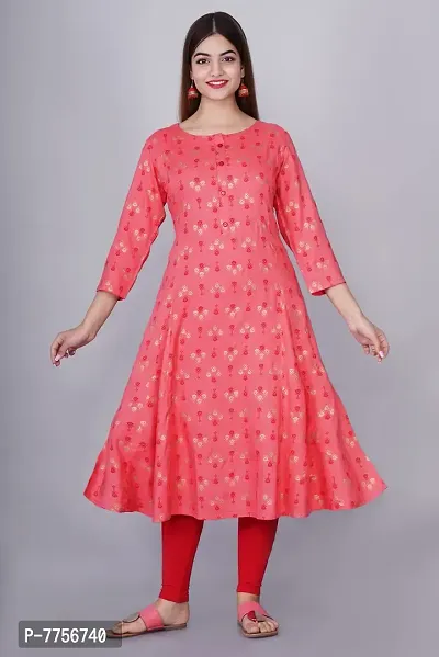 Bachuu Women Rayon Gold Printed Anarkali Kurti Size S, M, L, XL, XXL, 3XL | Color Red, Peach-thumb2