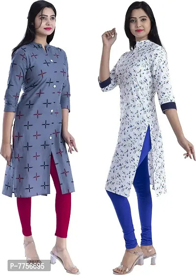 Bachuu Women's Cotton Blend Round Neck Printed Straight Kurti | 3/4 Sleeve-thumb2