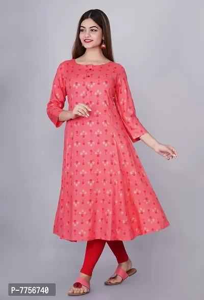 Bachuu Women Rayon Gold Printed Anarkali Kurti Size S, M, L, XL, XXL, 3XL | Color Red, Peach-thumb3