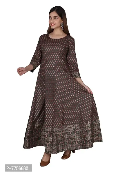 Bachuu Women's Rayon Round Neck Printed Flared Kurti | 3/4 Sleeve | Ankle Length-thumb0