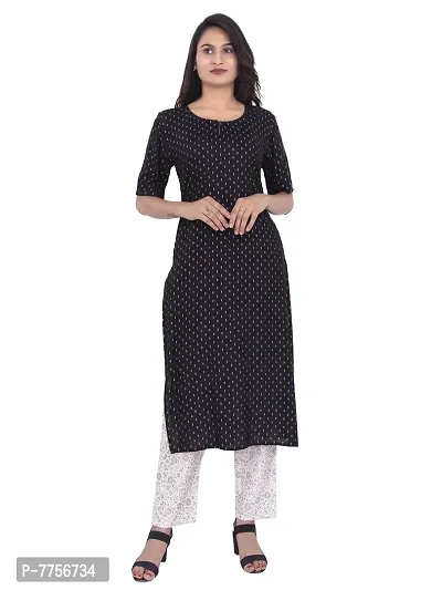 Bachuu Women Rayon Black Color Gold Printed Kurti With White Cotton Pant Salwar Suit Set For Girls and Women Size S, M, L, XL, XXL-thumb3