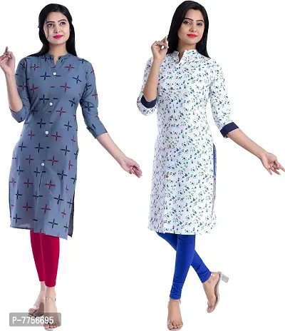 Bachuu Women's Cotton Blend Round Neck Printed Straight Kurti | 3/4 Sleeve-thumb0