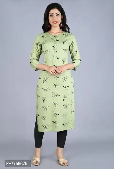 Bachuu Casual Rayon Round Neck Printed Straight Kurti for Women-thumb0