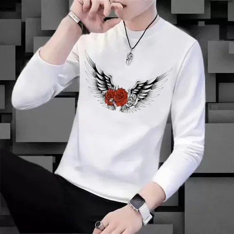 White Printed Full Sleeve Round Neck Tees For Men