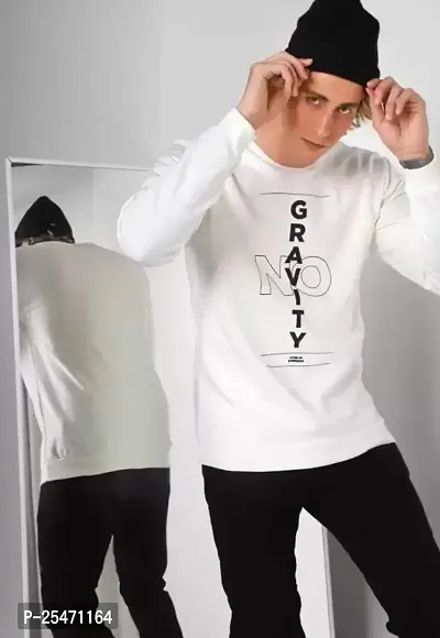 Stylish Long Sleeves Round Neck White  Printed Sweatshirts For Men