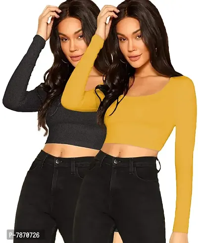 THE BLAZZE 1059 Women's Cotton Basic Sexy Solid Scoop Neck Slim Fit Full Sleeve Saree Readymade Saree Blouse Crop Top T-Shirt for Women (Large(34?-36), I - Darkgrey Yellow)