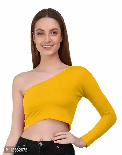 THE BLAZZE 1289 Women's Cotton One Shoulder Full Sleeve Crop Tops (XX-Large, Yellow)-thumb3