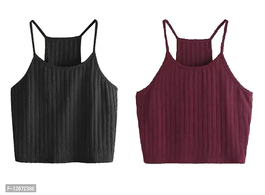 THE BLAZZE Women's Summer Basic Sexy Strappy Sleeveless Racerback Camisole Crop Top (X-Large, Black Maroon)-thumb0