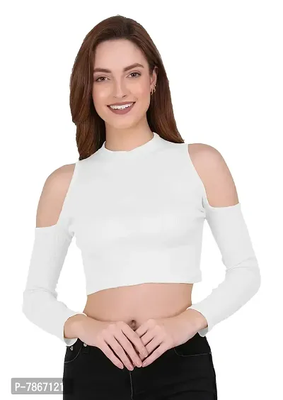 THE BLAZZE 1177 Women's Sexy Casual Cold Shoulder Full Sleeve Tops Short T-Shirt Readymade Saree Blouse Crop Top for Women (L, White)-thumb1