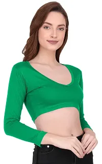 THE BLAZZE 1109 Women's Cotton Basic Sexy Solid V Neck Slim Fit Full Sleeve Saree Readymade Saree Blouse Crop Top T-Shirt for Women (Large, Reliance Green)-thumb2