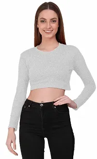 THE BLAZZE 1089 Women's Basic Sexy Solid Round Neck Slim Fit Full Sleeve Crop Top T-Shirt for Women (Large(34?-36 ), Grey)-thumb2