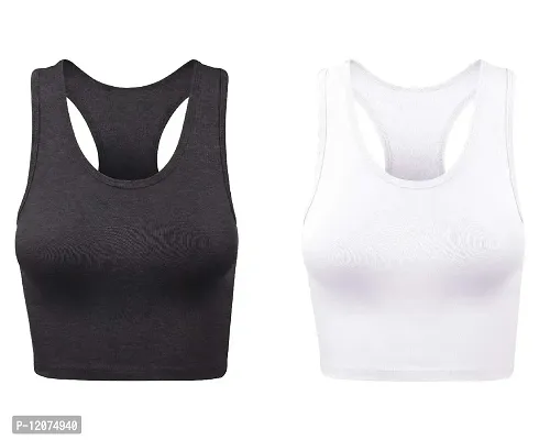 THE BLAZZE Women's Cotton Racerback Basic Crop Tank Tops (X-Large, Charcoal Melange White)