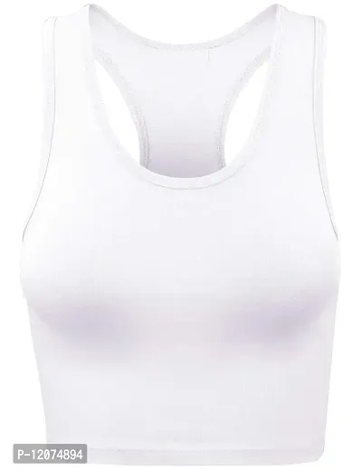 THE BLAZZE Women's Cotton Racerback Basic Crop Tank Tops (Small, White White)-thumb2