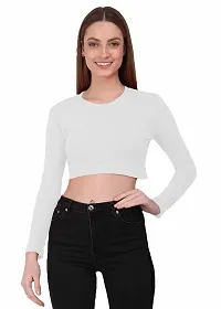 THE BLAZZE 1089 Women's Basic Sexy Solid Round Neck Slim Fit Full Sleeve Crop Top T-Shirt for Women (Large(34?-36 ), B - White)-thumb1