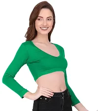 THE BLAZZE 1109 Women's Cotton Basic Sexy Solid V Neck Slim Fit Full Sleeve Saree Readymade Saree Blouse Crop Top T-Shirt for Women (Large, Reliance Green)-thumb3