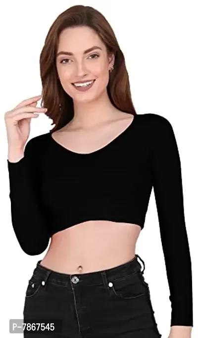 THE BLAZZE 1099 Women's Cotton Basic Sexy Solid V Neck Slim Fit Full Sleeve Saree Readymade Saree Blouse Crop Top T-Shirt for Women (X-Large(36?-38), A - Black)