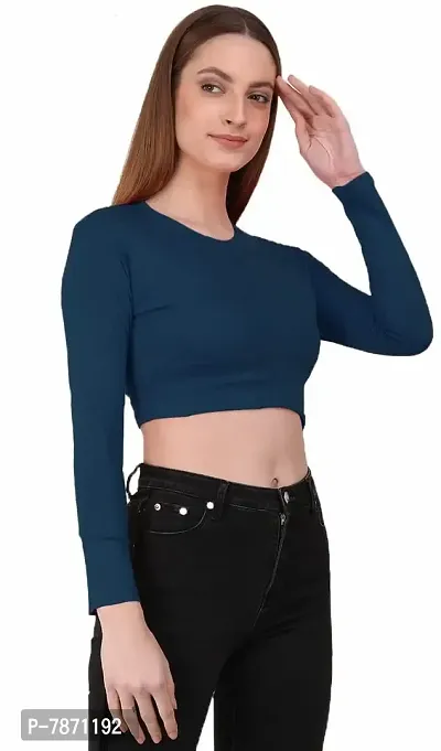 THE BLAZZE 1128 Women's Basic Sexy Solid Scoop Neck Slim Fit Full Sleeve Crop Top (S, Navy)