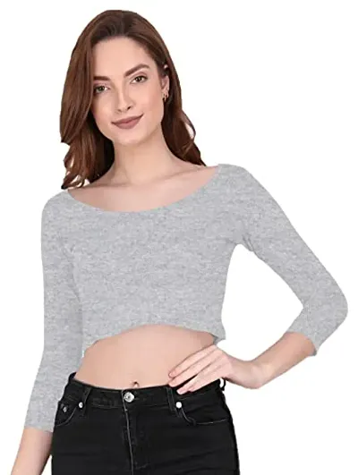 THE BLAZZE 1057 Women's Cotton Scoop Neck Full Sleeve Tank Crop Tops Bustier Bra Crop Top Bralette Readymade Saree Blouse for Women's (L, Grey)