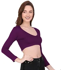 THE BLAZZE 1099 Women's Cotton Basic Sexy Solid V Neck Slim Fit Full Sleeve Saree Readymade Saree Blouse Crop Top T-Shirts for Women (M, Violet)-thumb3